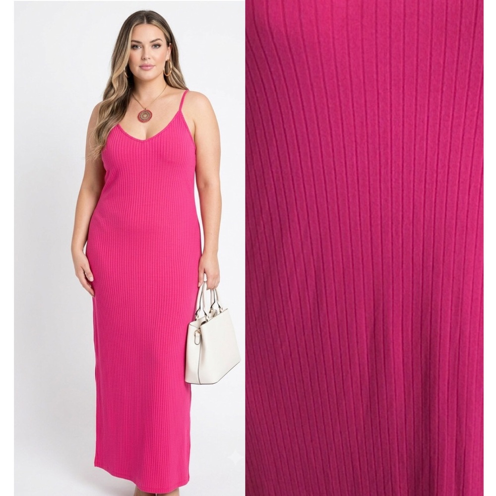 SALE 🔥 2X PLUS Hot Pink Ribbed Maxi Y2K Spaghetti Strap Soft Spring Long Dress